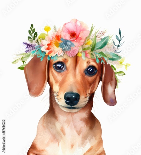Cartoon watercolor portrait of a cute dachshund puppy with wreath of flowers. Generative AI.