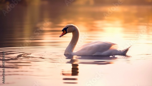 Fototapeta Naklejka Na Ścianę i Meble -  Single mute swan is swimming on the lake at sunset. Generative AI.