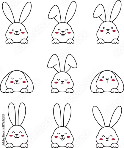 A cute Easter bunny. Rabbit muzzle with paws. Vector illustration outline