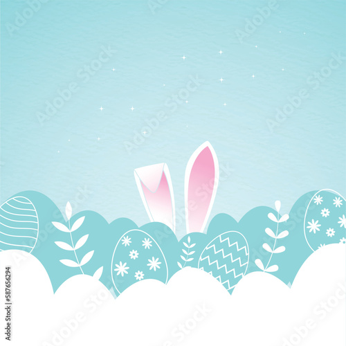 Easter day Background Design with Colorful decorated Eggs and Bunny ears