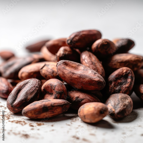 A pile of luscious cocoa beans, each one perfectly roasted and ready to be ground into delicious chocolate. (photo of cocoa beans on a light background