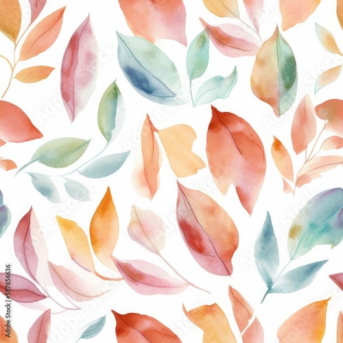 Scattered Fall Leaves on White Background Watercolor-Style Repeating Nature Pattern [Generative AI]