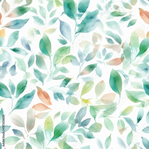 Green Scattered Small Leaves Watercolor-Style Nature Pattern [Generative AI]