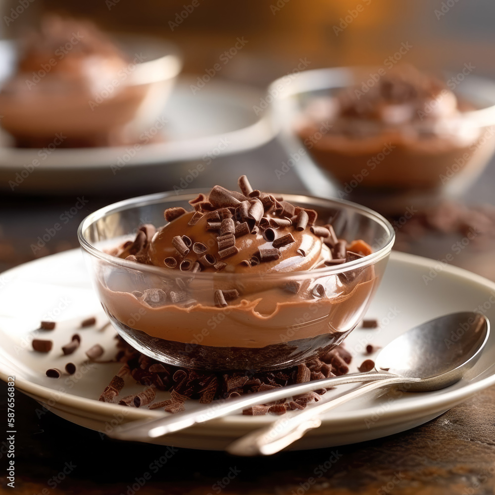 Creamy chocolate mousse, served in a delicate white dish and accented with a sprinkle of chocolate shavings.