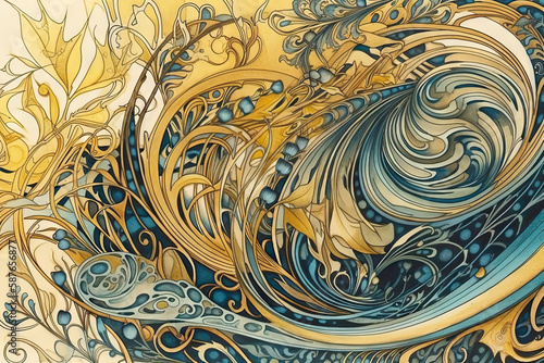 Azure blue and golden line pattern texture, watercolor art-nouveau ornament illustration, wavy retro wallpaper (ai generated)
