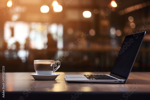 Office Workspace with Laptop, Coffee Cup on table and Blurred Background
