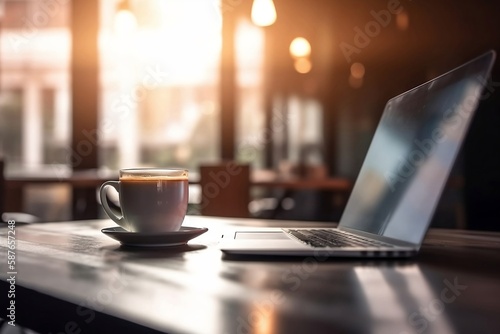 Office Workspace with Laptop, Coffee Cup on table and Blurred Background