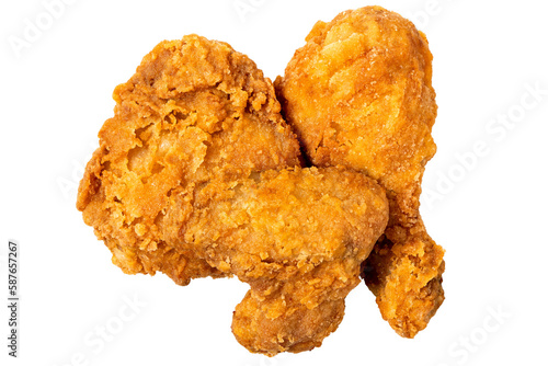 Crispy fried chicken pieces, drumstick, wing and thigh, isolated from above.