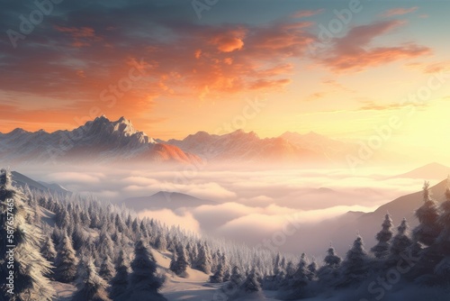 scenic mountain range at sunset. Generative AI © AkuAku