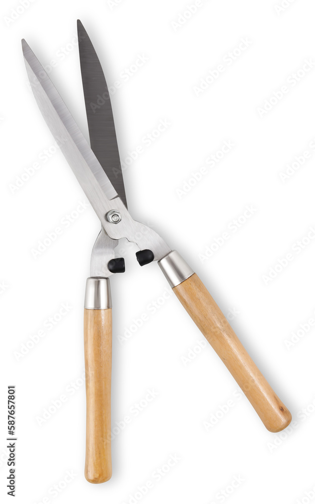single steel gardening scissors for pruning the hedge with wooden grip, top view isolated on white background, spring time concept for gardening single steel gardening scissors for pruning the hedge with wooden grip, top view isolated on white background, spring time concept for gardening