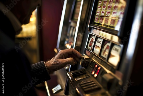 An elderly man is playing a slot machine at the casino. ai generated.