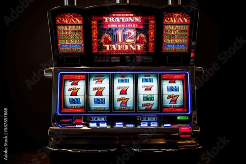 Realistic one arm bandit, win, 777, jackpot slot machine, casino, black background. ai generated. © vnevo