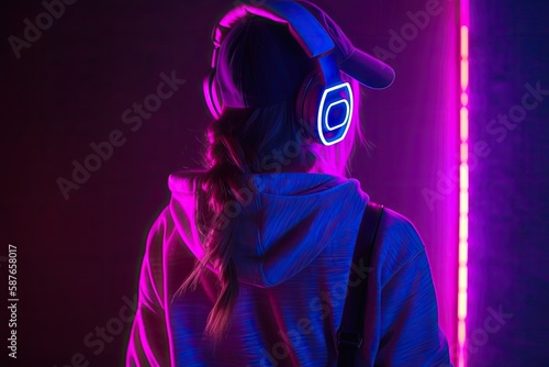 Stylish fashion teenager model from the back wearing hoodie and headphones listening dj music dancing in purple neon lights, silent disco party - Generative AI photo