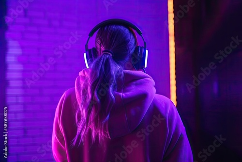 Stylish fashion teenager model from the back wearing hoodie and headphones listening dj music dancing in purple neon lights, silent disco party - Generative AI photo