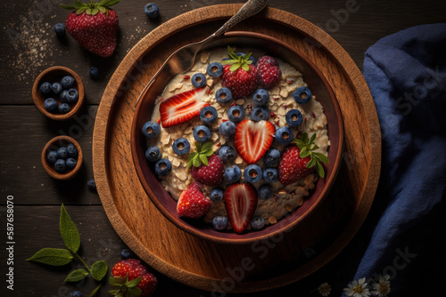 Healthy and delicious oat porridge with fresh blueberries and strawberries served in a rustic wooden bowl. A sweet and nourishing breakfast option for vegetarians and vegans. Generative AI