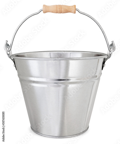 Metal garden vintage bucket with wooden handle, tool for gardening or for decorating flower arrangements or potting plants, front view isolated on white background photo