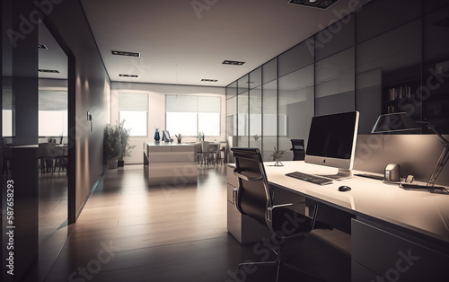 Contemporary executive office with a stylish, minimalist design and soft, ambient lighting