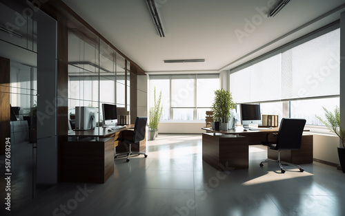 Spacious corporate office interior with modern furnishings and a view of the city skyline
