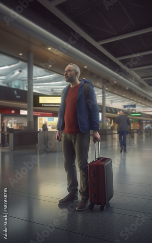 Traveler in a train station with a suitcase, looking thoughtful amidst the hustle and bustle