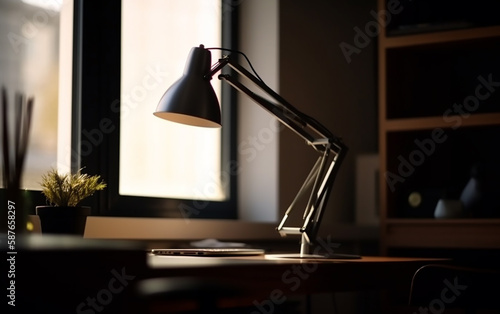 Focused workspace with an illuminated desk lamp and an open notebook in a dimly lit room