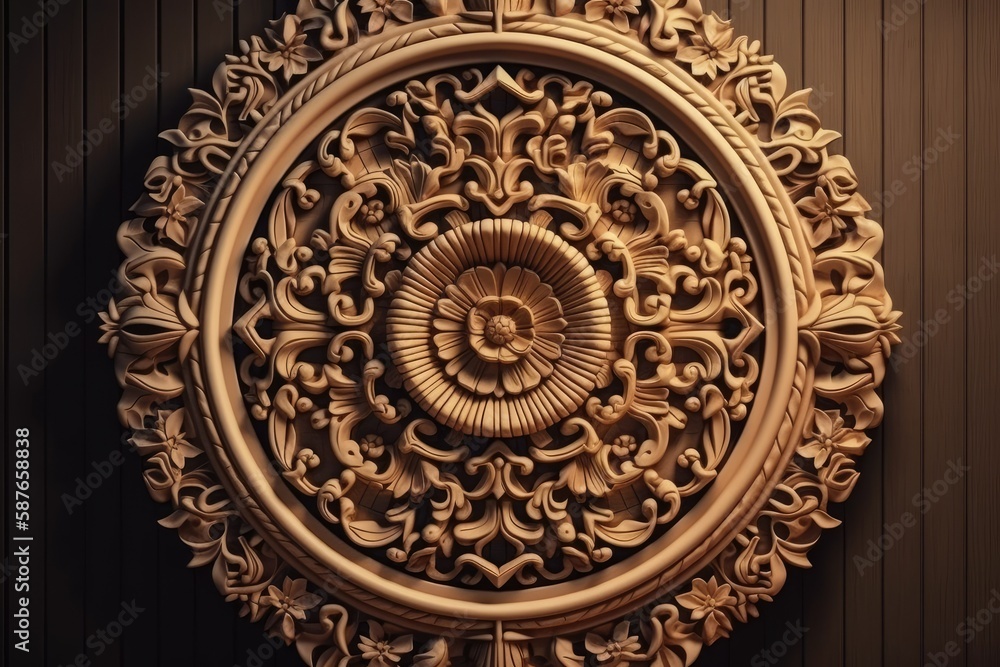 beautifully carved wooden wall hanging adding texture and warmth to a room. Generative AI