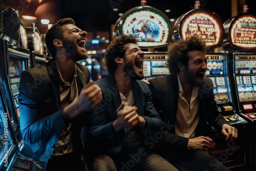 Men rejoice at winning on a slot machine at the casino. ai generated.