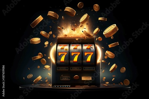 Casino banner slot machine with jackpot and golden coin money. ai generated.