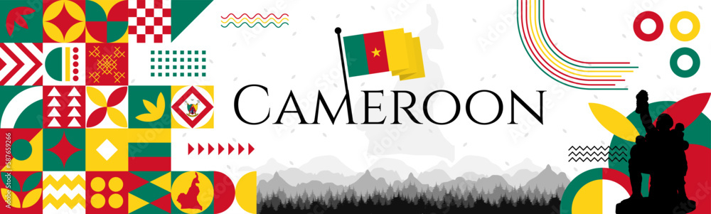 The Cameroon Independence Day or Unity Day, abstract banner design with flag and map. Flag color theme geometric pattern retro modern Illustration design. Green, Yellow and Red color template. The Cameroon Independence Day or Unity Day, abstract banner design with flag and map. Flag color theme geometric pattern retro modern Illustration design. Green, Yellow and Red color template.