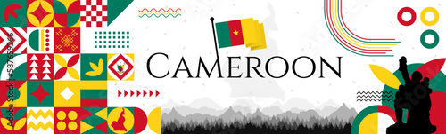 The Cameroon Independence Day or Unity Day, abstract banner design with flag and map. Flag color theme geometric pattern retro modern Illustration design. Green, Yellow and Red color template.