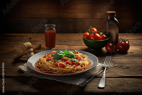 Delicious and healthy spaghetti bolognese with tomato sauce, beef, and herbs on a rustic wooden table. Perfect for lunch or dinner. Generative AI