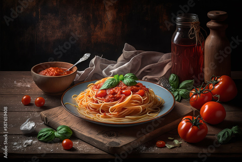 Spaghetti with tomato sauce, fresh basil, and grated parmesan on rustic wooden table. Traditional Italian dish, healthy and delicious. Generative AI