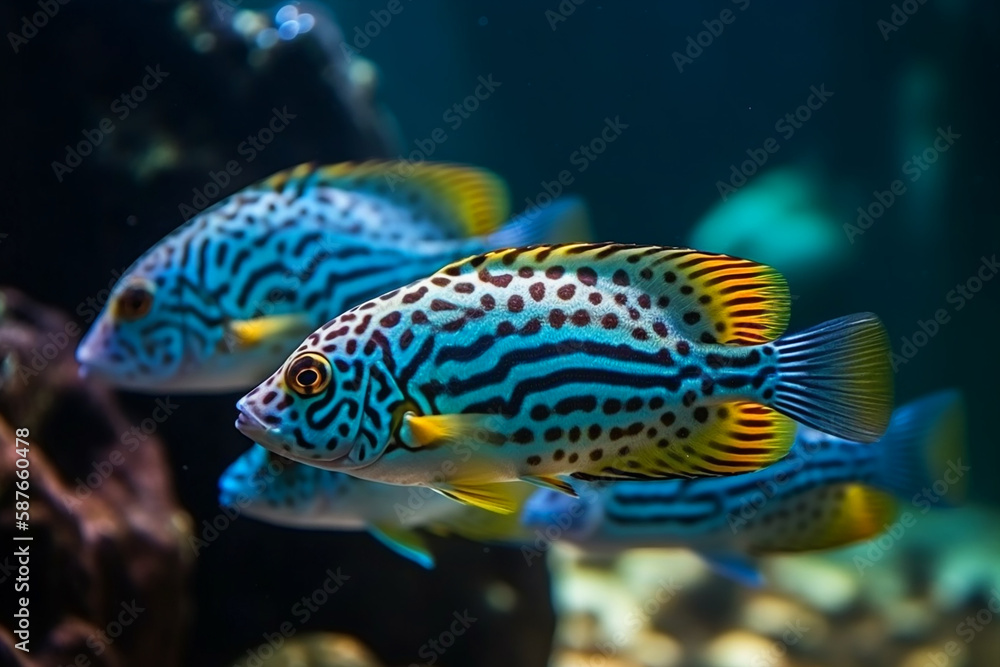 Close up view of colorful Tropical fishes in the ocean. Generative AI Close up view of colorful Tropical fishes in the ocean. Generative AI