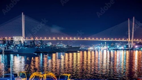Timelapse of Vladivostok Bay at night in Russia.