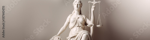 White stone sculpture Lady Justice with a balance of justice. Panoramic format.