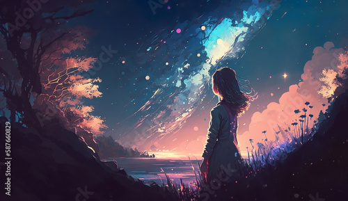 Girl under a starry sky, Lo-fi, Generative AI 