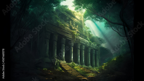 Ancient ruined temple in the jungle  Generative AI