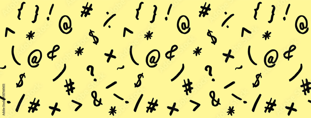 pattern with the image of keyboard symbols. Punctuation marks. Template for applying to the surface. pastel yellow background. Horizontal image. Banner for insertion into site. pattern with the image of keyboard symbols. Punctuation marks. Template for applying to the surface. pastel yellow background. Horizontal image. Banner for insertion into site.