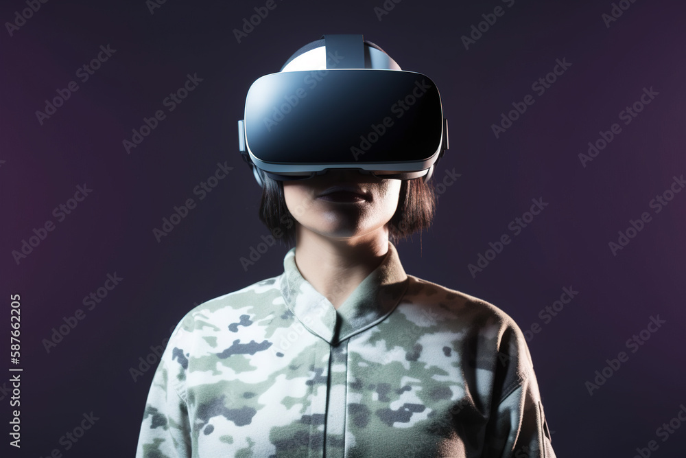 a woman wearing a virtual reality headset on dark background. Created with Generative AI Technology a woman wearing a virtual reality headset on dark background. Created with Generative AI Technology