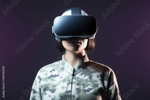 a woman wearing a virtual reality headset on dark background. Created with Generative AI Technology © dewaai