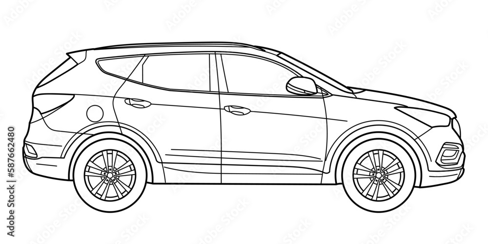 Classic suv car. Crossover car side view shot. Outline doodle vector illustration. Design for print, coloring book
