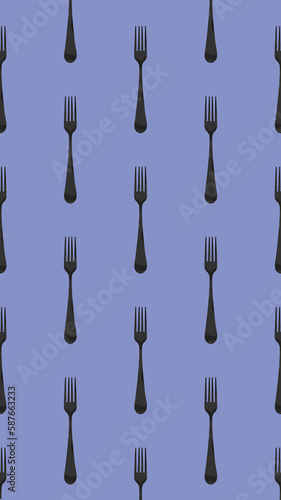 pattern. Fork top view on pastel blue background. Template for applying to surface. Vertical image. Flat lay. 3D image. 3D rendering.