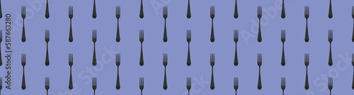 pattern. Fork top view on pastel blue background. Template for applying to surface. Horizontal image. Flat lay. 3D image. 3D rendering. Banner for insertion into site.