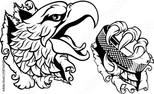 A bald eagle or hawk with claw talons holding an ice hockey puck and ripping or tearing through the background. Sports Mascot