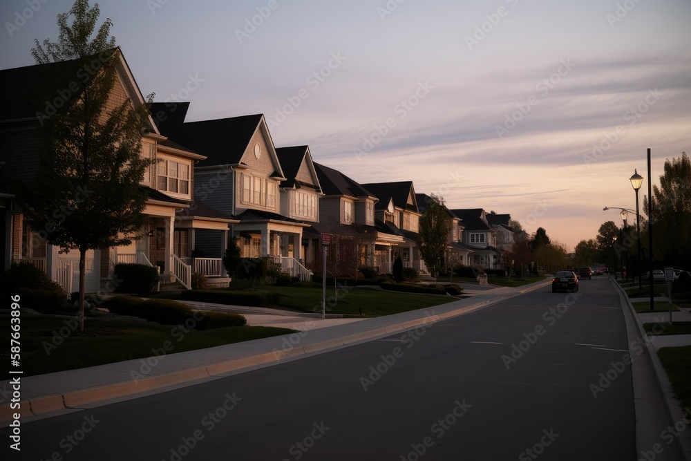 Suburban sunset street. Generate Ai Suburban sunset street. Generate Ai