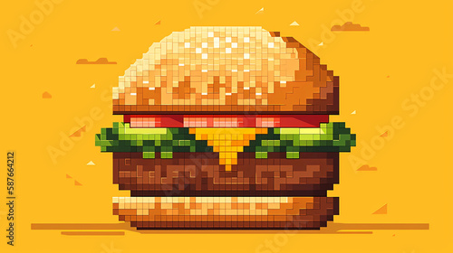 8 or 16 bit illustration of delicious burger on yellow background. ai generative photo