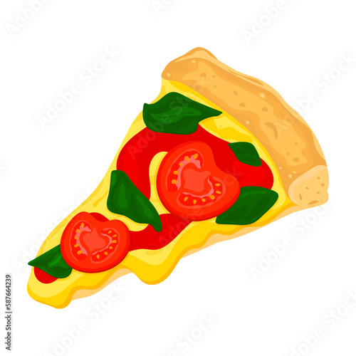 Pizza Margarita. Vector vegetarian pizza slice. Fast food illustration on white background.