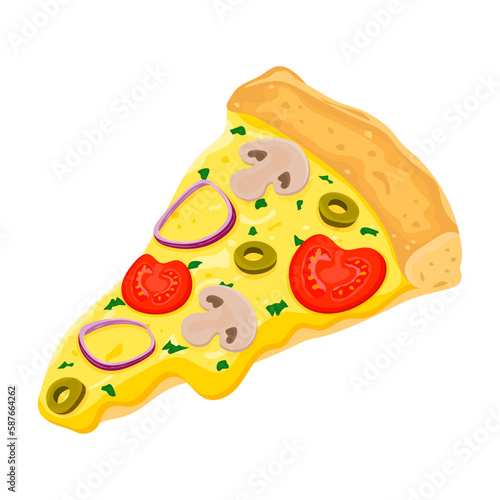 Vegetarian Pizza. Vector vegetarian pizza slice. Fast food illustration on white background.