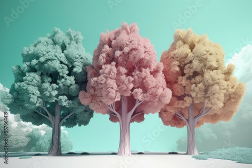 Three 3d trees pastel. Generate Ai