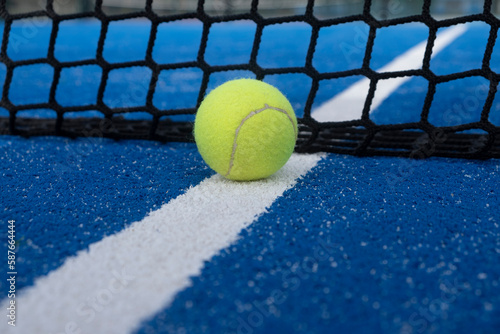view of a ball at the net of a blue paddle tennis court © Vic