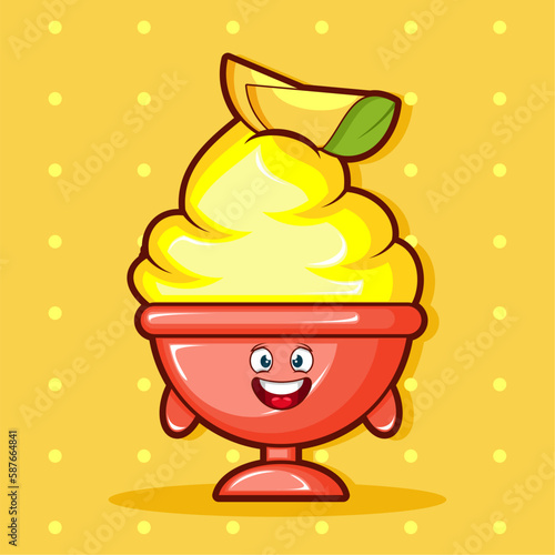 Cartoon illustration of mango ice cream with smile face